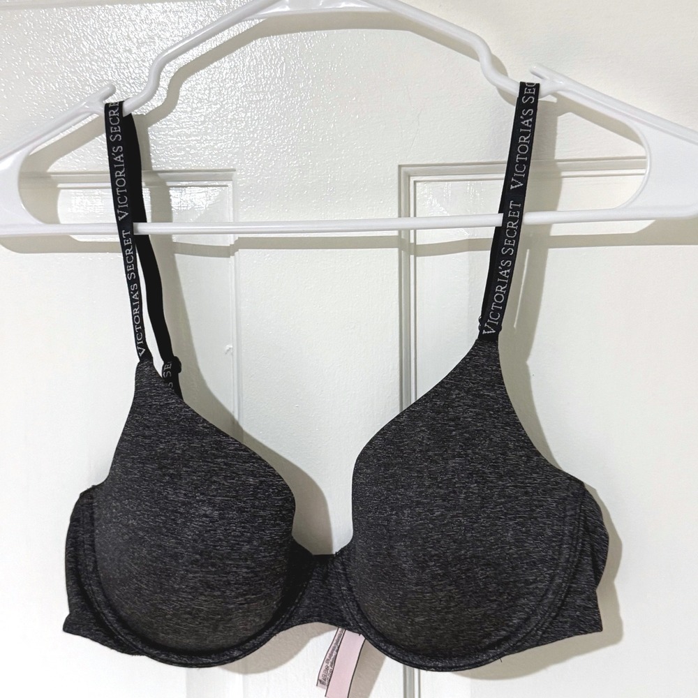 Victorias Secret T-Shirt Bra Charcoal Heather Gray Logo Strap 36B